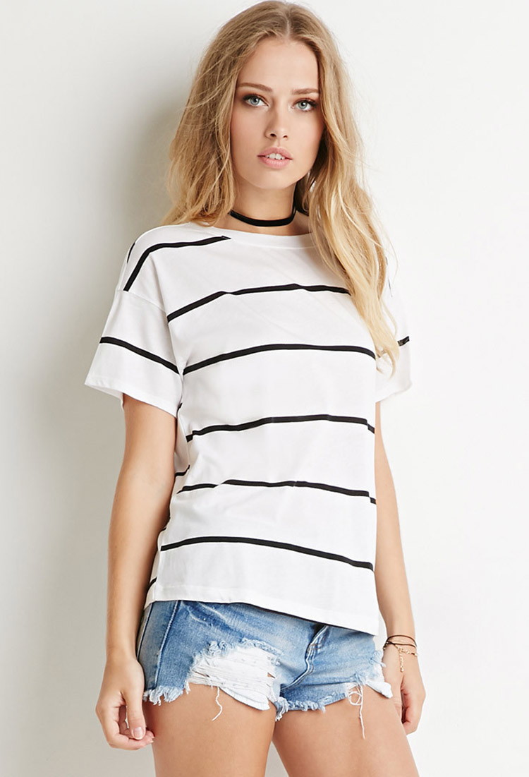 forever21 条纹宽松莫代尔短袖t恤 橄榄色/黑色 s