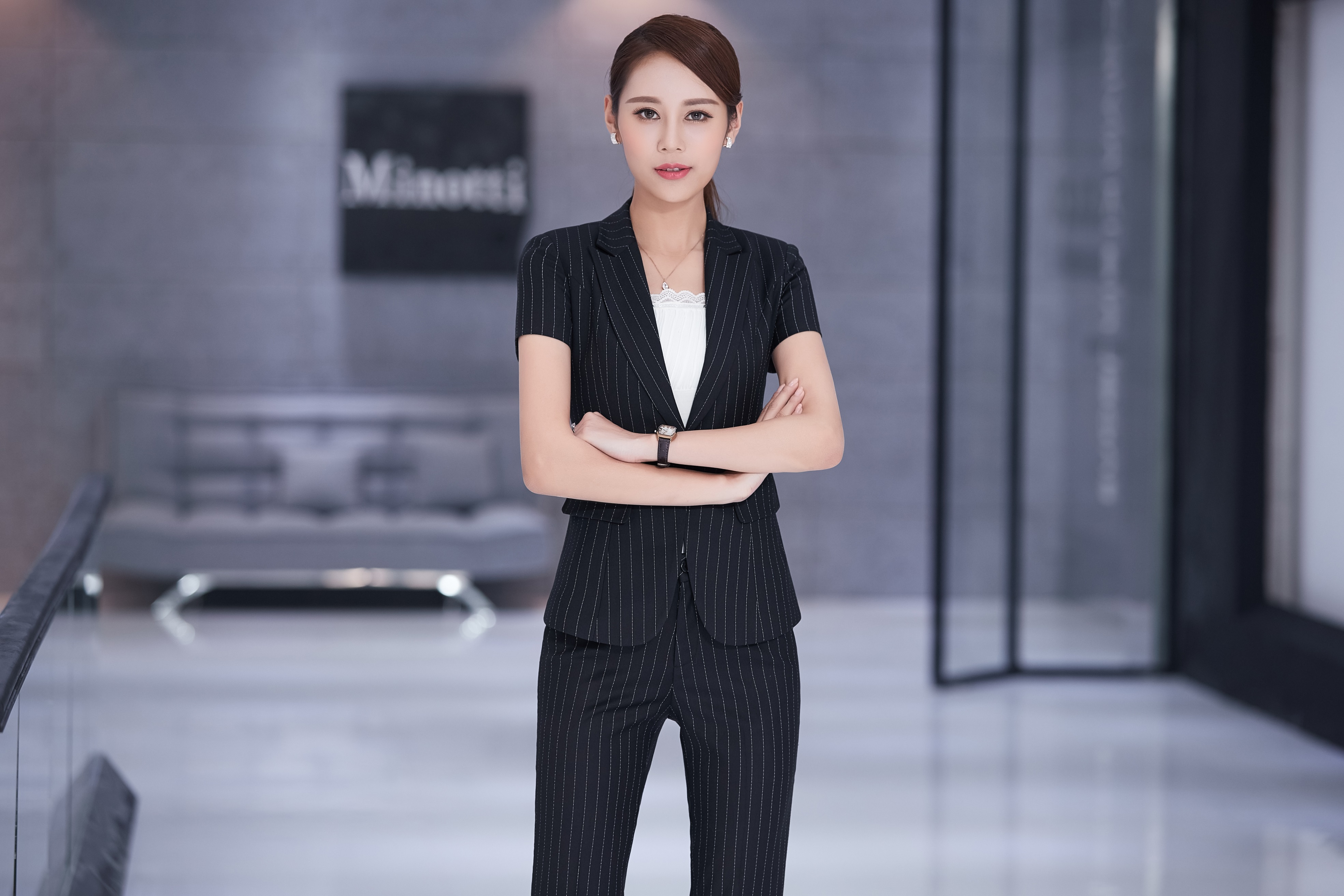 沫清雨小西装女职业装女装套装条纹ol通勤商务套装8820 灰条西装 裤