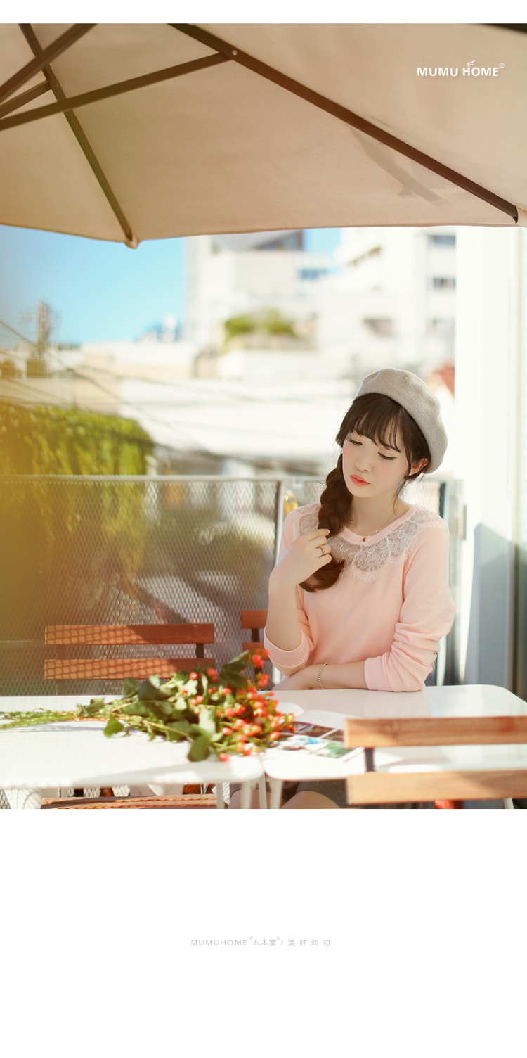 Mumu Home.气质淑女学院风日系蕾丝拼接圆领休闲长袖T恤 橙色 M
