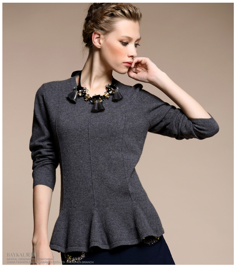 baykal/贝加尔秋冬新款羊绒衫女时尚收腰纯山羊绒打底针织衫 纯色毛衣