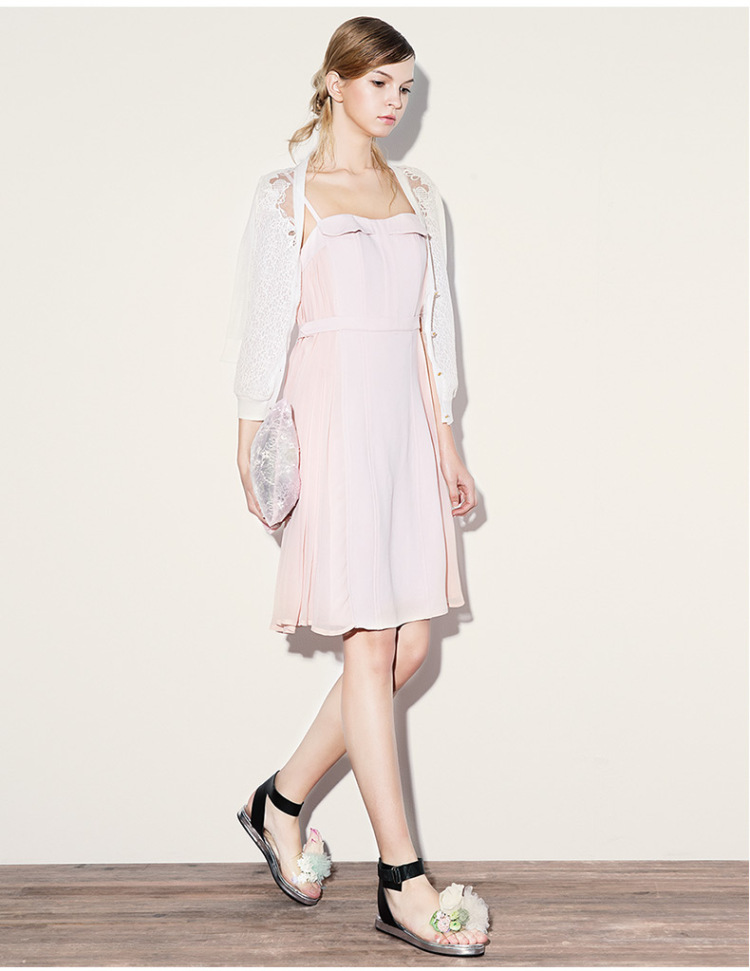 三彩2016夏装商场同款新款波浪裙摆气质吊带连衣裙s142069l40女 咖白