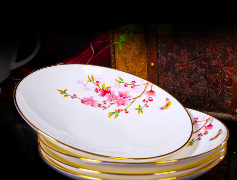 景德镇正品骨瓷器 陶瓷餐具套装 碗盘碗碟套装70头水点桃花骨瓷餐具