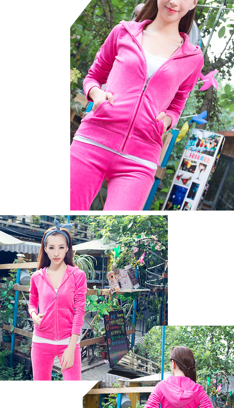 衣思凡 休闲套装女款晨练服显瘦两件套运动套装金丝绒天鹅绒女装6801 玫红 M(修身款建议买大一码 )