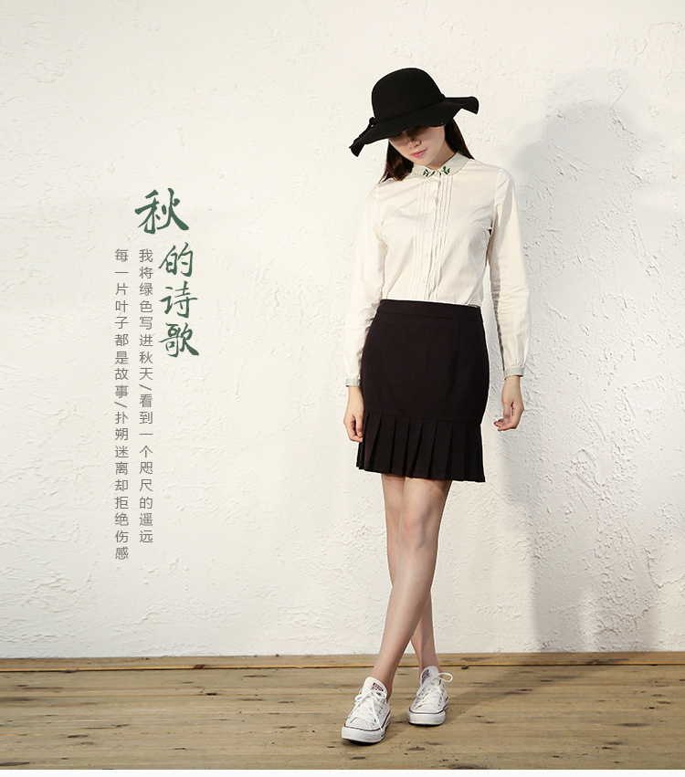 百武西秋新品女装绣花纯色文艺修身立领长袖全棉白衬衫女T4370 米白色  M
