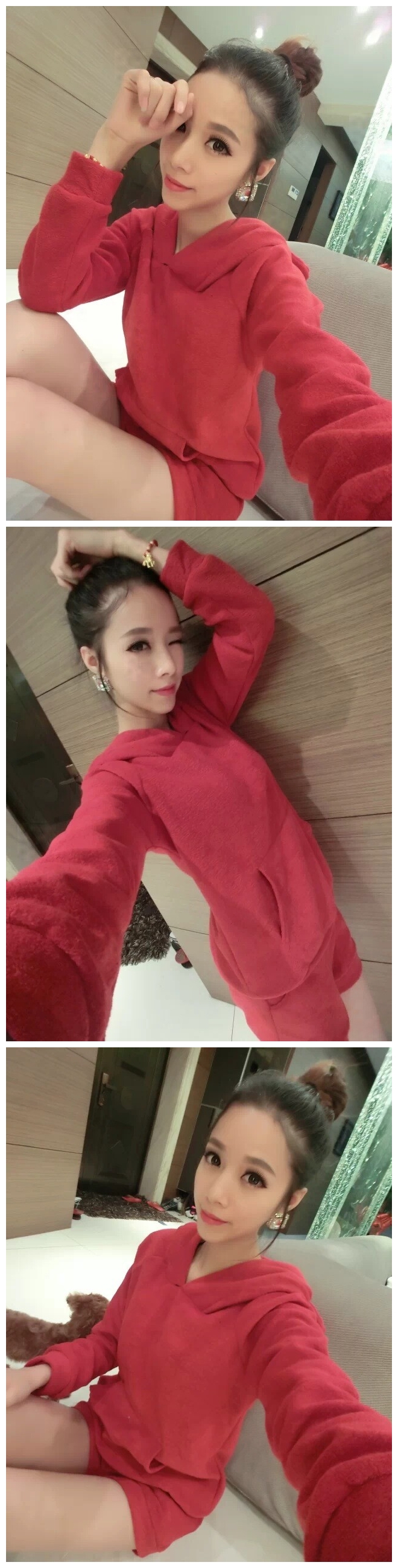 彼爱诗2016新款春秋装外套女短款 韩版可爱加厚毛毛保暖连帽卫衣外套上衣+短裤两件套装 黑色 均码