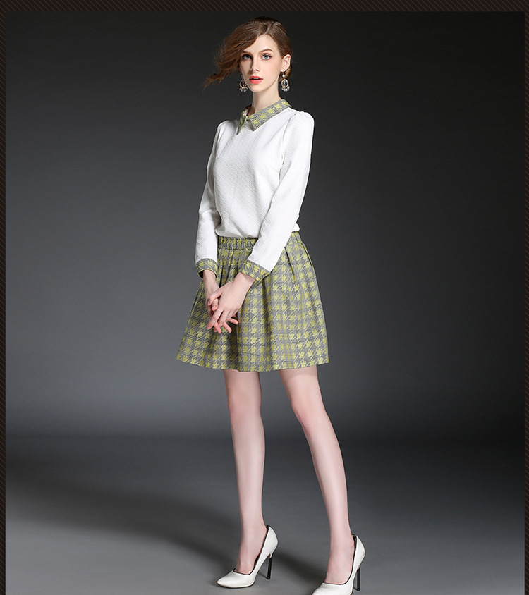 朵以天使秋冬新品欧美风女装千鸟格棉麻半身裙两件套装dnj7710dy01a