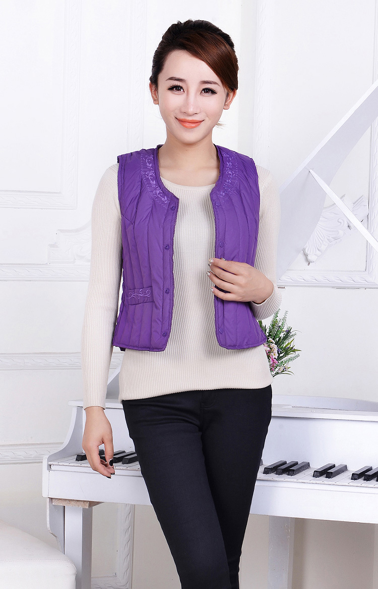 MAQILUN玛奇伦2015秋冬新款女士刺绣宽肩羽绒服马甲背心女装保暖百搭修身大码马夹 紫色 M 160\88A