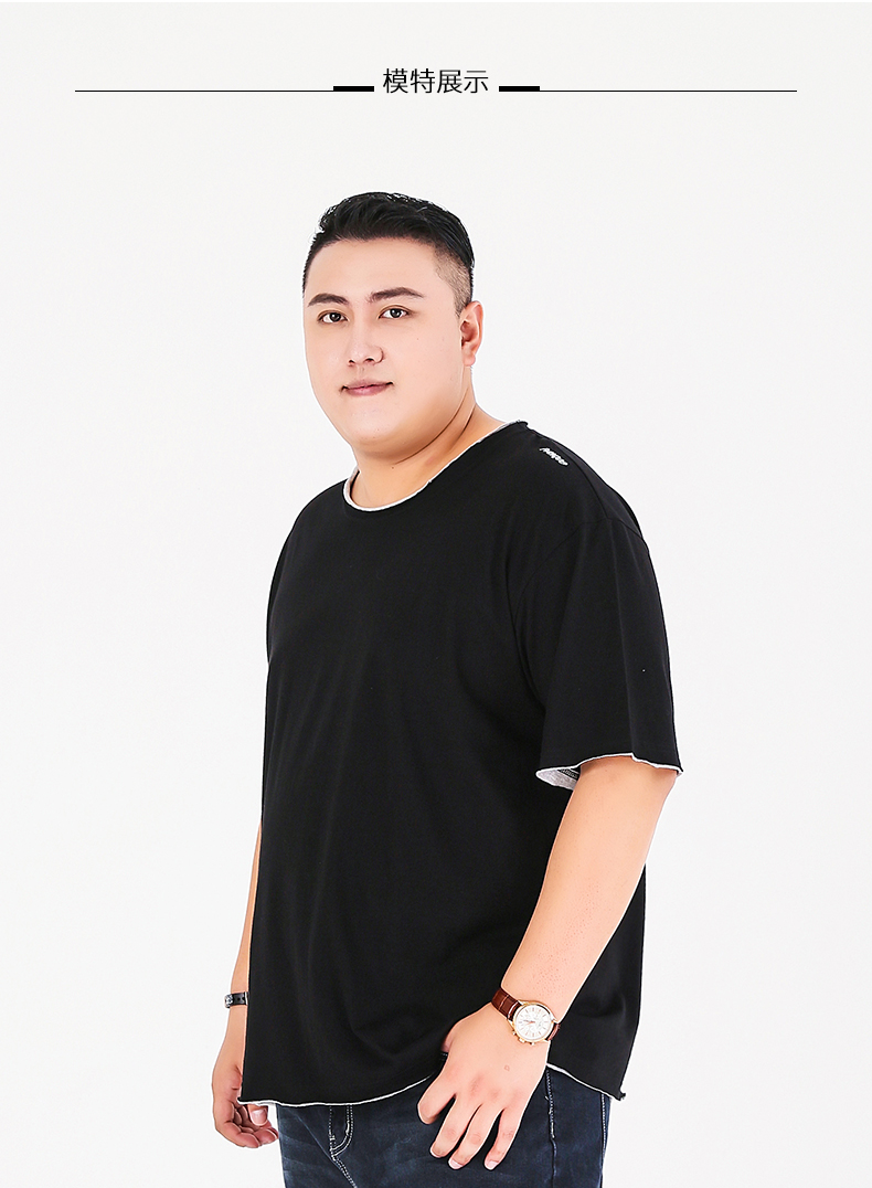 胖哥哥大码短袖男t恤潮流夏装大号宽松胖子男装上衣青年肥佬t恤 黑色