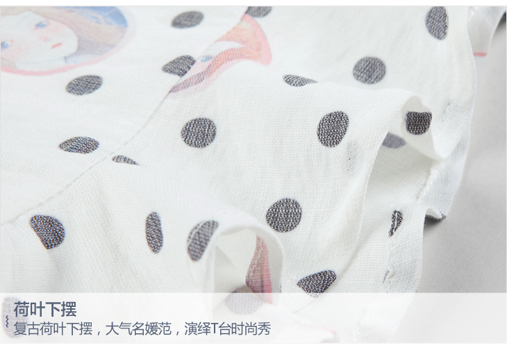 乐町2016春装新款波点印花衬衣上衣 头像印花雪纺衫荷叶边衬衫 女 白色 S/155