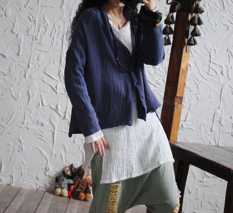 浮若晨花新款衬衫长袖棉麻女装简约文艺范肌理衬衣女24229 灰蓝色 均码