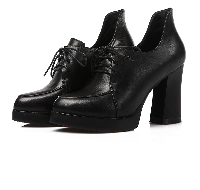 卡丝拉狄 cathyladi 欧美新款女士纯色粗跟百搭气质尖头系带单鞋 黑色