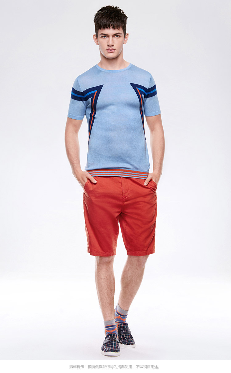 卡宾cabbeen 春季新款 男士对称提花休闲圆领短袖针织衫线衫b