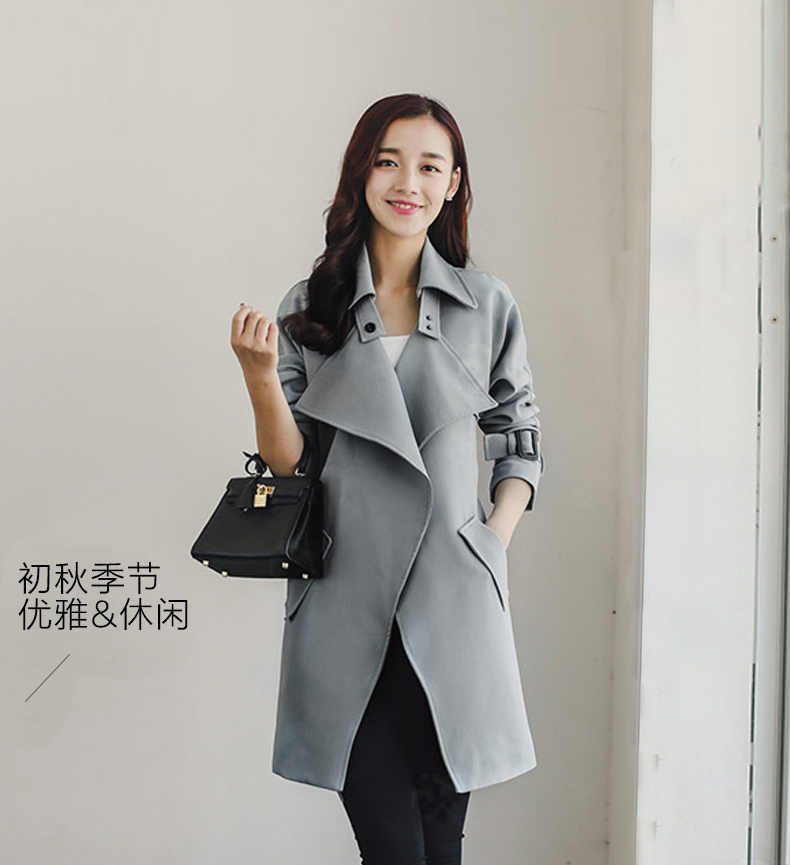BLANCO LEVRIN2015秋装上新韩版修身中长款系带风衣外套女1950 灰蓝色 M