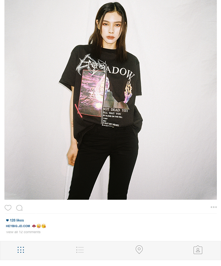 ulzzang潮牌暗黑摇滚连袖t恤男女嘻哈字母大印花宽松短袖打底衫 黑色