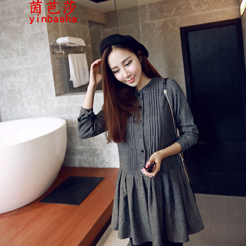 茵芭莎 2015孕妇装秋冬装新款韩版立领风琴褶连衣裙x8136 深灰色 xl