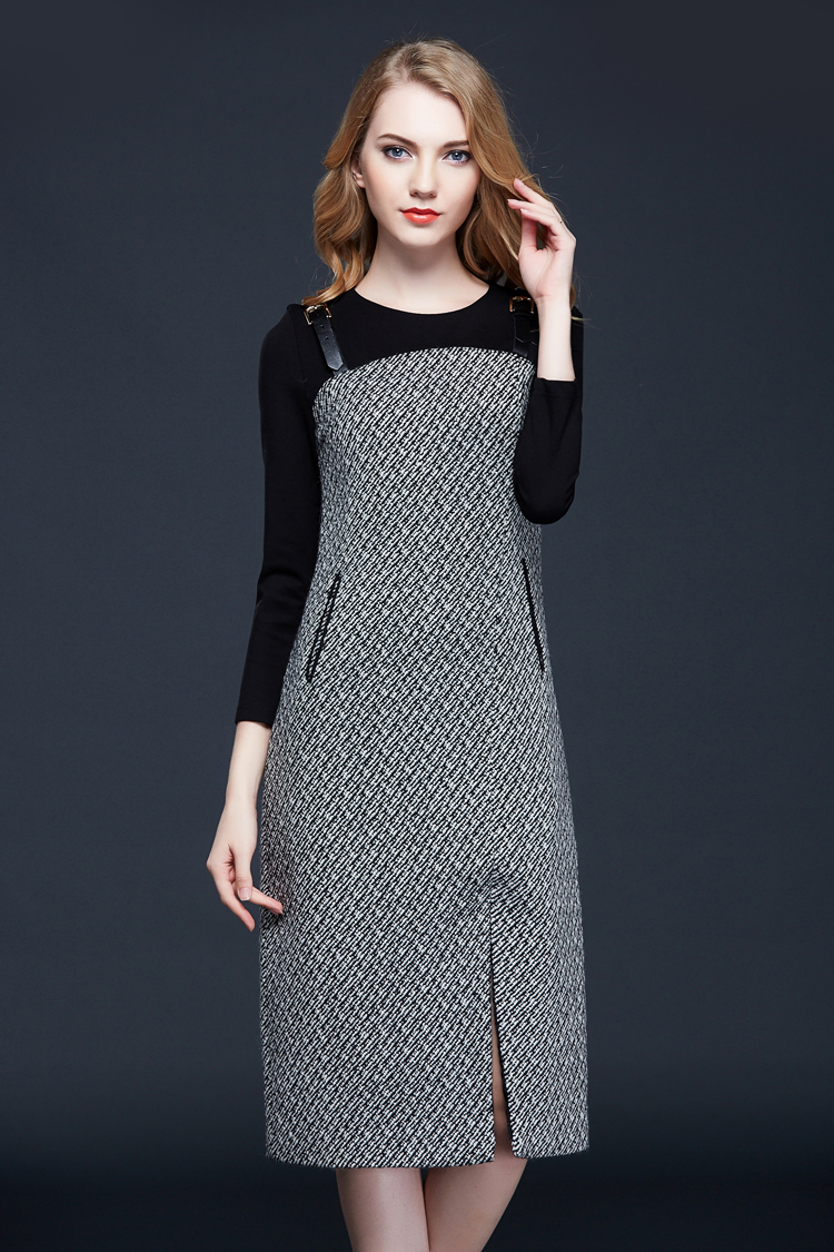 2015秋冬装淑女气质ol通勤职业开叉罗马布中长款连衣裙 黑色 xl