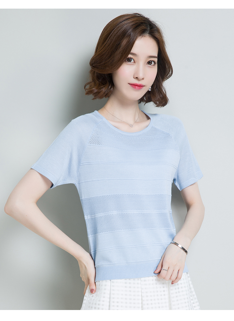 贝西卡 短袖冰丝针织衫女 镂空网纱半袖t恤薄款宽松大码夏季2018新款