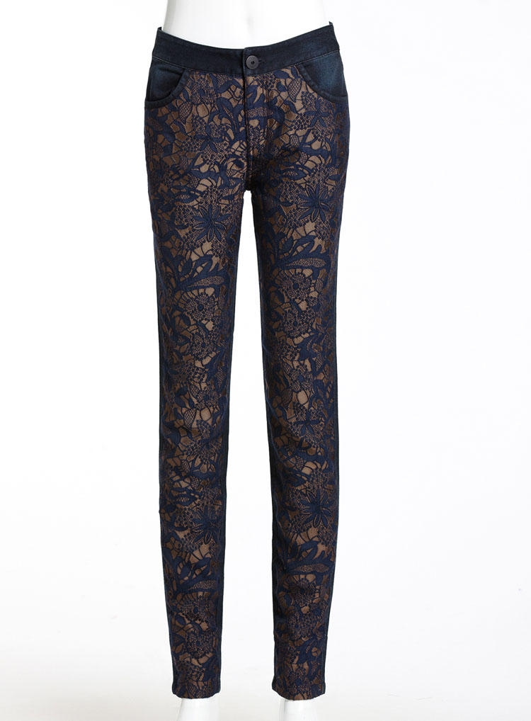 渔牌女装正品休闲裤女秋修身显瘦小脚裤长裤中国风提花外穿裤子商场