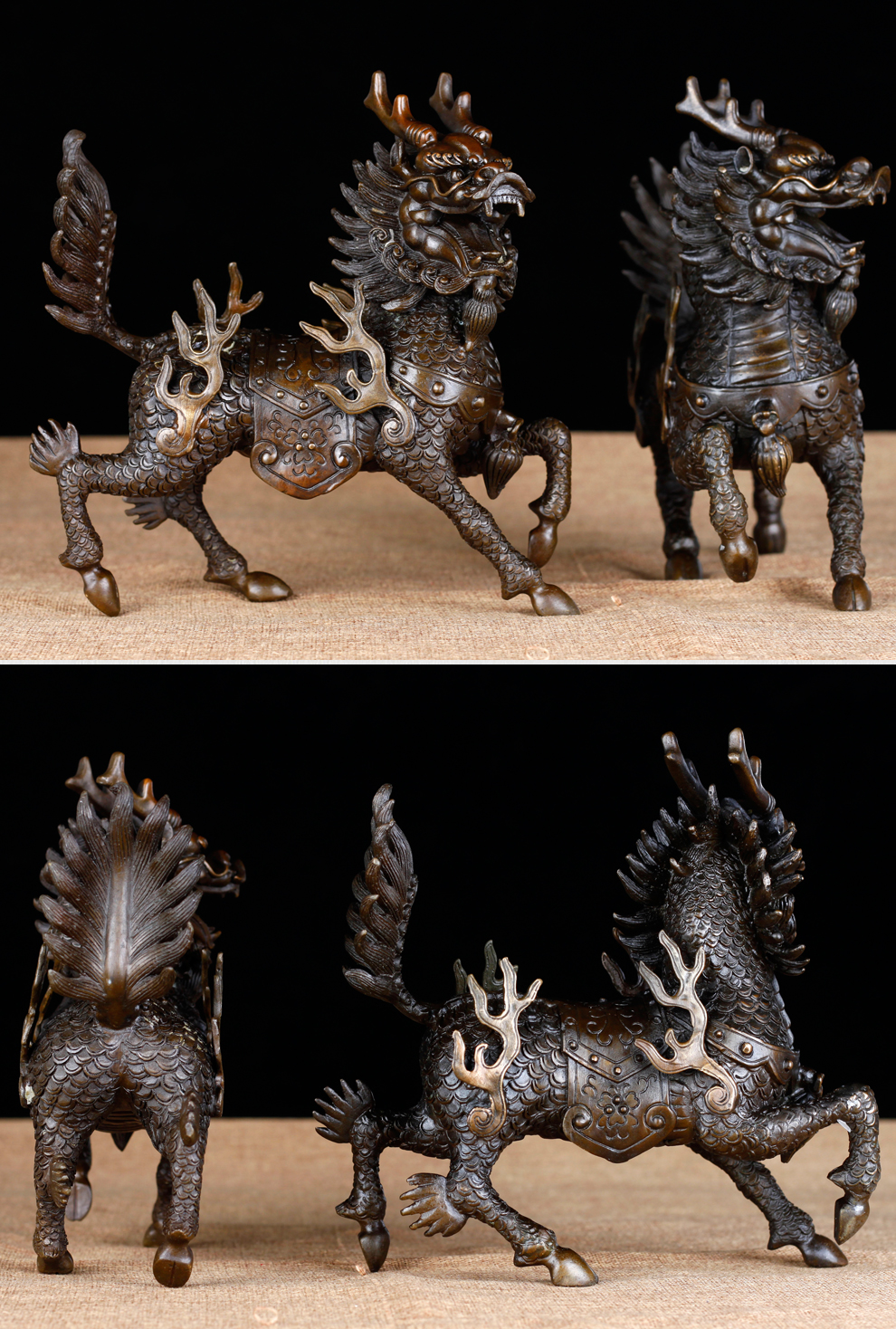 聚玄轩纯铜风水火麒麟摆件办公室一对铜麒麟工艺品客厅装饰品乔迁礼品