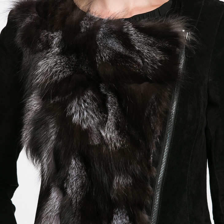 vero moda磨砂狐毛皮拼接修身短款皮衣|315428018 010黑 155/76a/xs