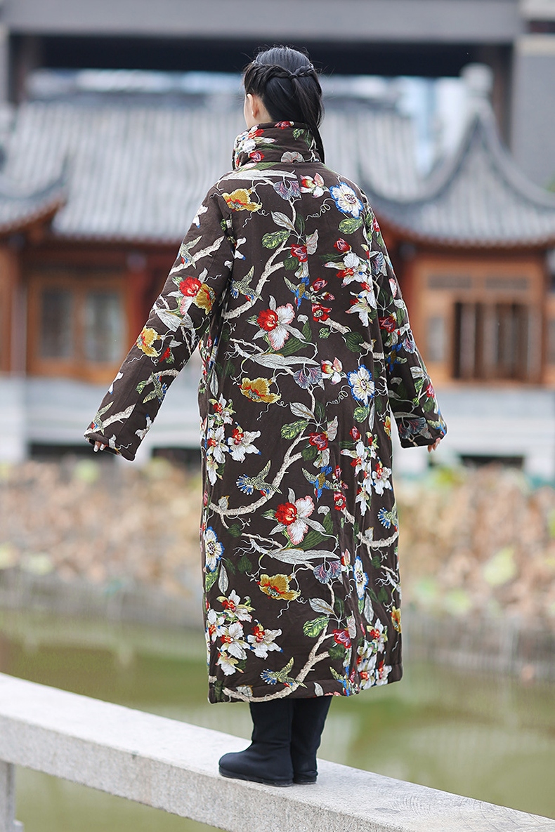 子牧棉麻冬季新款民族风棉衣女长款印花翻领棉服0959清10喜庆红色均码