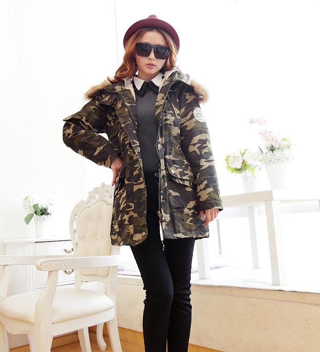 皇芙莲2015秋季新款女装日韩女装迷彩棉服毛领中长款宽松外套 0987