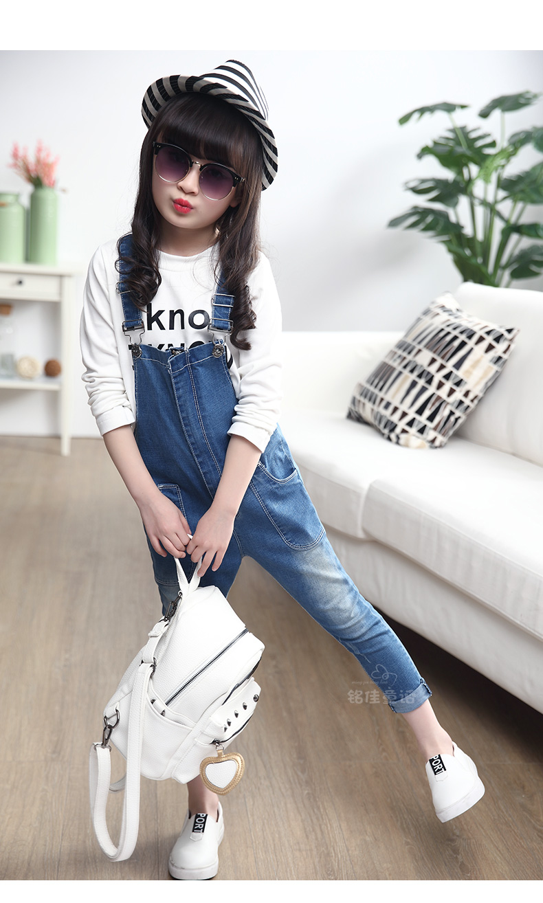 2016新款中大童牛仔裤春装小脚裤儿童长裤女大童装裤子女童背带裤