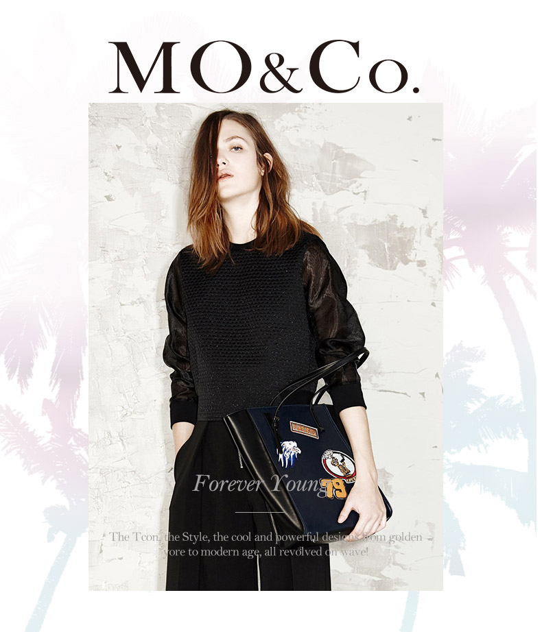 mo&co.网纱拼接衬衫透视长袖圆领罗纹提花ma153sht26 moco w08黑色 m