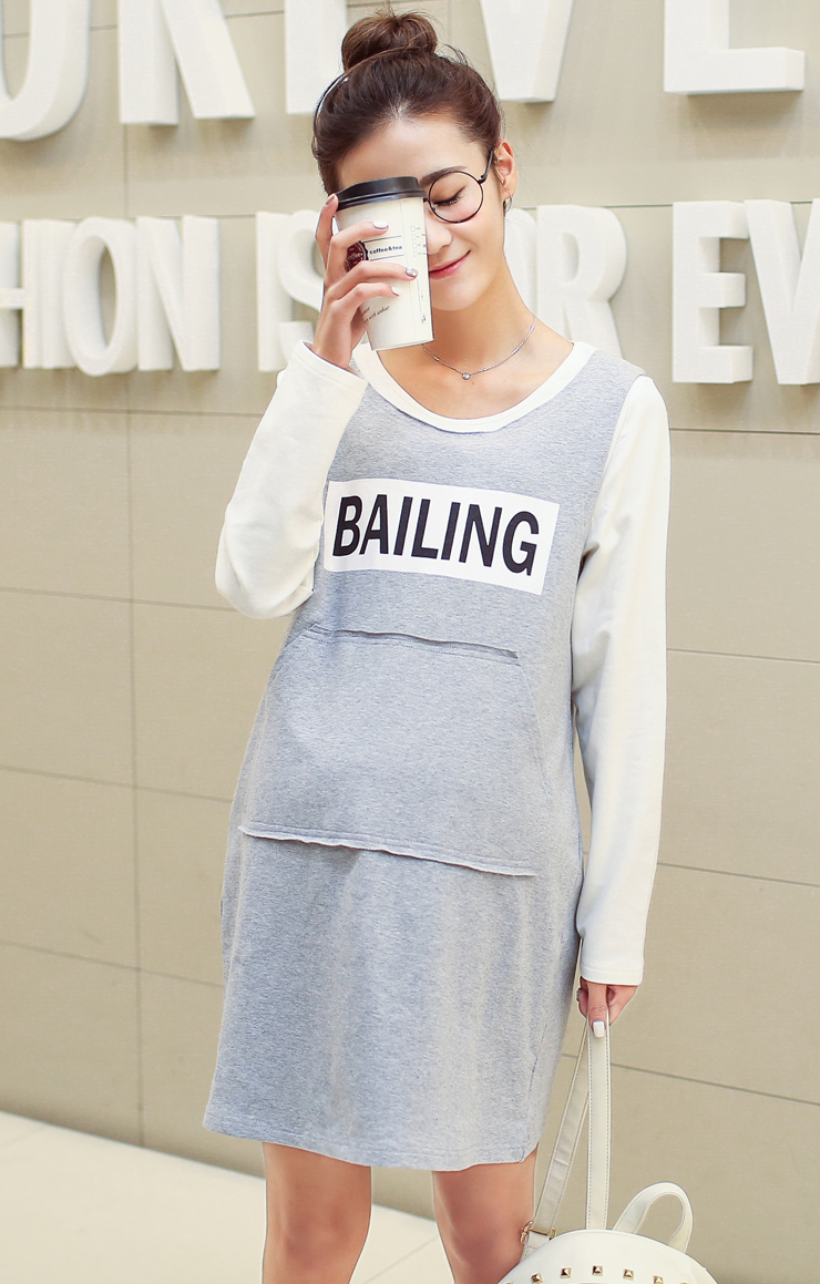 百伶妈妈孕妇装春款新款孕妇裙假二件套孕妇裙子长袖孕妇上衣棉孕妇