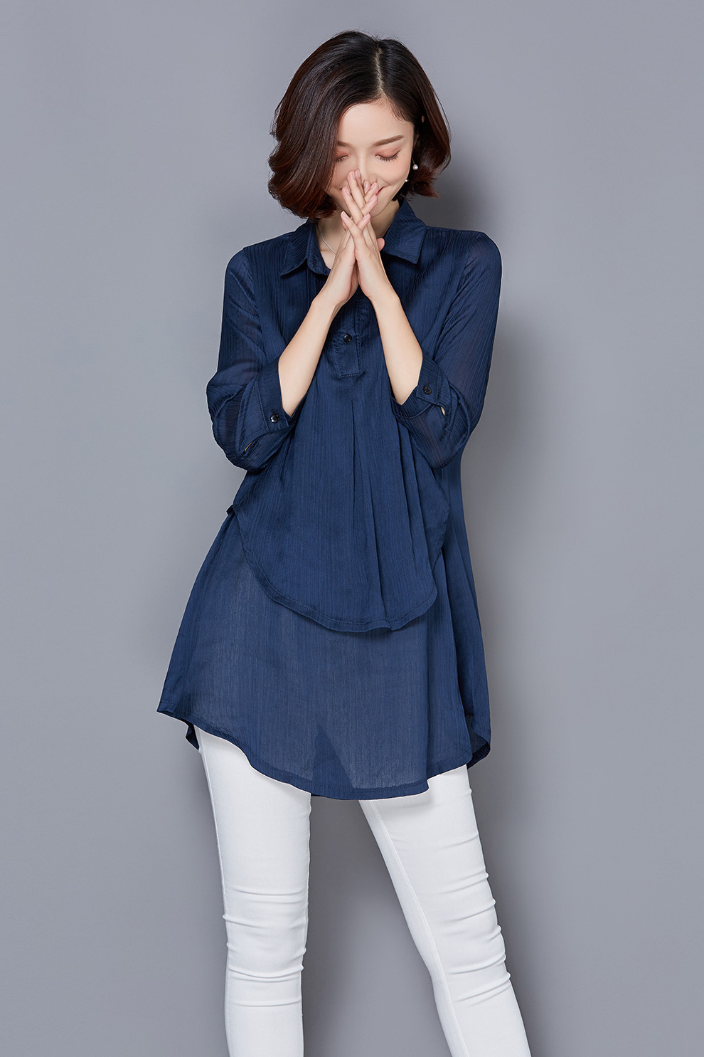 女装 打底衫 彪文 彪文 新款夏季韩版百搭时尚翻领七分袖中长款修身