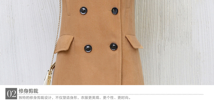 2015秋冬新款毛呢外套呢子大衣女中长款修身显瘦休闲韩版气质时尚双排扣翻驳领大码 藏青色 S