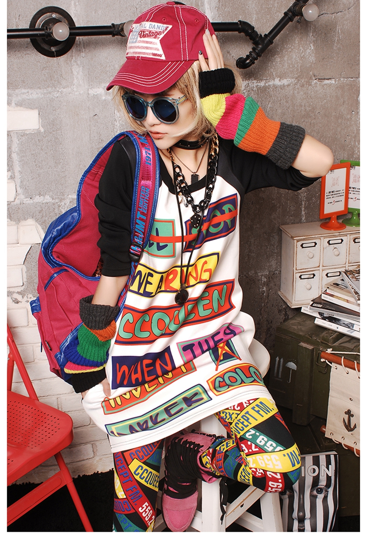 ccqueen春装新款爆潮个性数码夸张印花长款拼接显瘦长袖t恤连衣裙