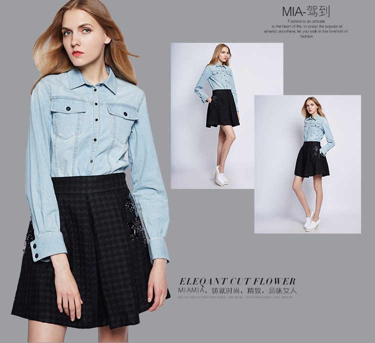 miamia2015秋季新品欧美风纯棉方领水洗牛仔女式长袖宽松休闲衬衫842537 蓝色 M/38