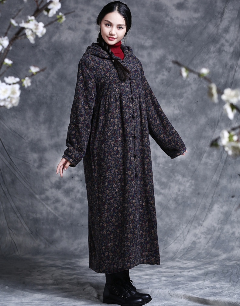 子牧棉麻 2015冬季新款女装民族风长款印花棉衣羊羔绒碎花连帽棉服