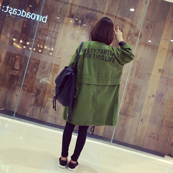 ZZ&FF  2015秋季新款韩版宽松字母印花显瘦OL中长款风衣外套女 军绿色 XXL