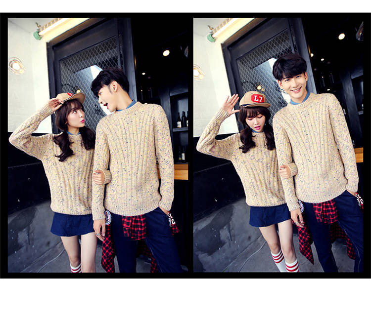 幸福时光 韩版新款冬季潮流男女彩点碎花加厚毛衣针织衫情侣装 卡其色