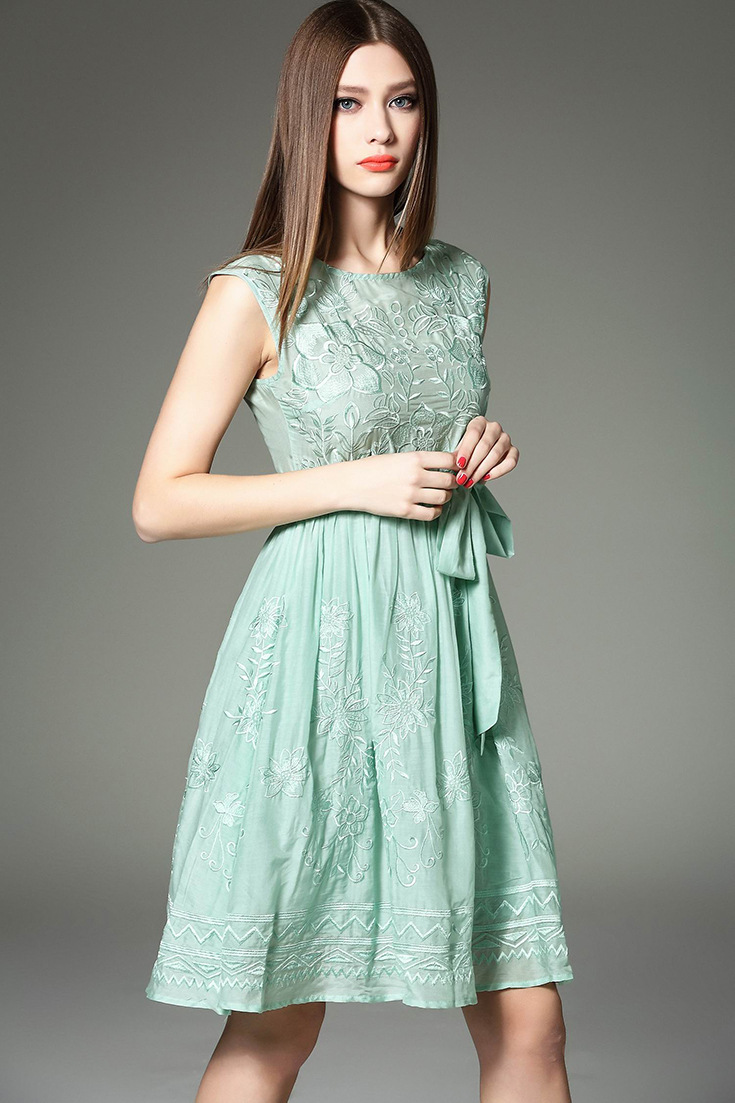 凡柔女装2016春夏季欧美新款时尚修身绣花重工真丝无袖刺绣连衣裙