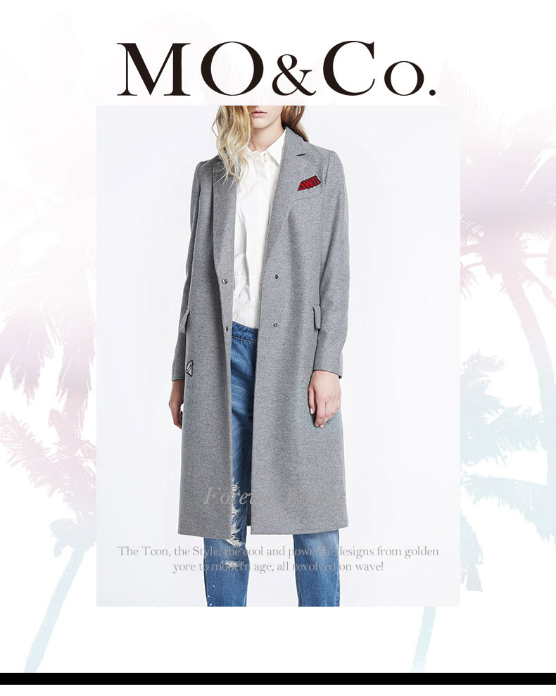 MO&Co.长线条波普复古开衩翻驳领秋季新款百搭毛呢外套MT153OVC20 moco W06深花灰色 M