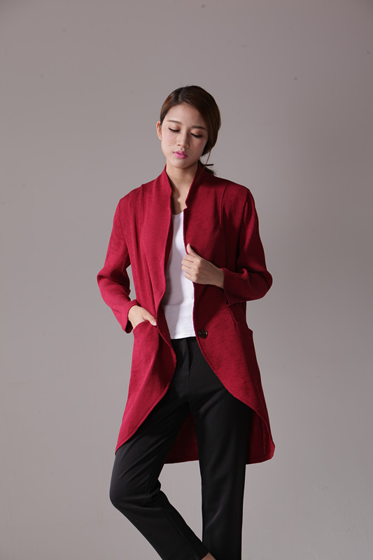 6079#秋季2015休闲小西装女外套亚麻显瘦中长款长袖休闲西服 藏青色 M
