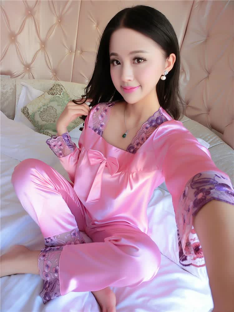 新款韩版仿真丝女睡衣两件套性感蕾丝女士长袖长裤家居服套装 粉色 女