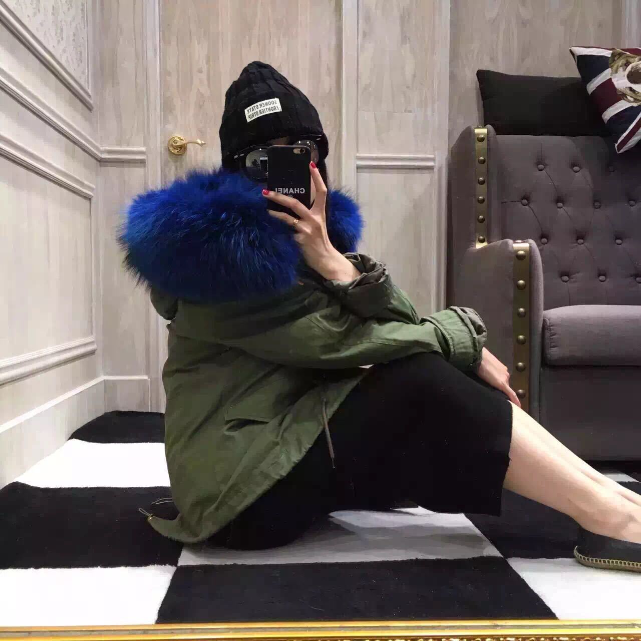 伊莱莲 2015冬装来自星星的你明星同款女装毛领仿狐狸毛内胆军装大衣