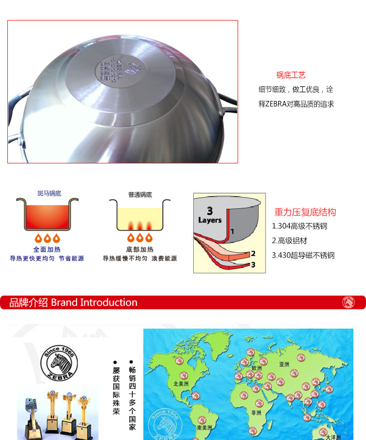 
                                        Zebra斑马304不锈钢炒锅 煎锅 不锈钢盖 复底28CM 175110                