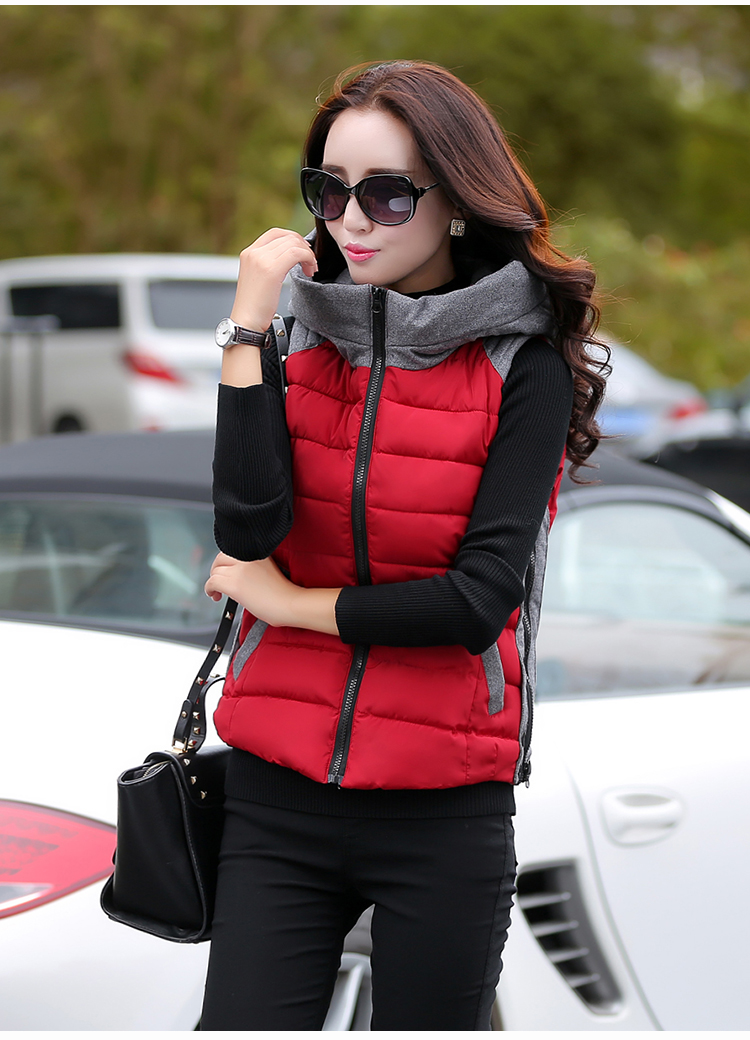 Muyxsnz 2015秋冬新款短款羽绒棉衣修身时尚连帽马甲棉服女装高领 My-8803 红色 XL