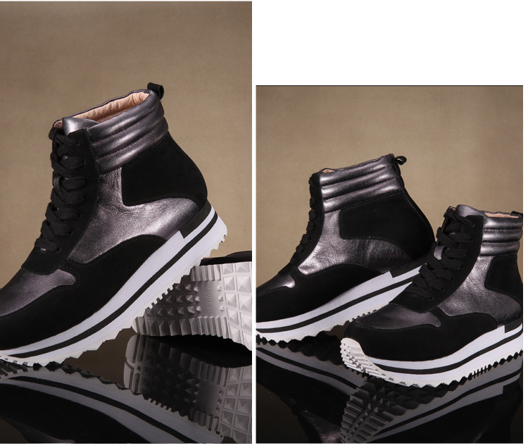 香港品牌bezos贝左斯 冬季厚底松糕跟拼色系带高帮运动休闲鞋女 黑色