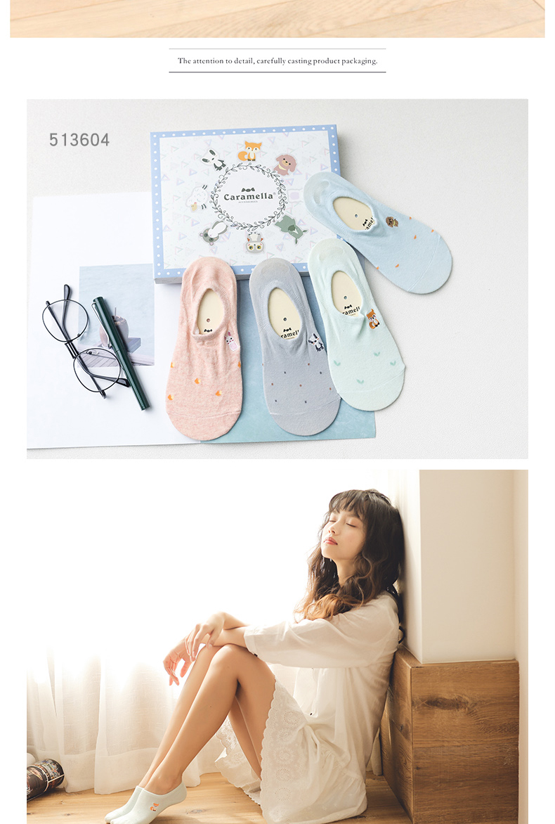 caramella女士船袜春夏纯色棉质刺绣隐形袜休闲运动短袜子女袜 513524