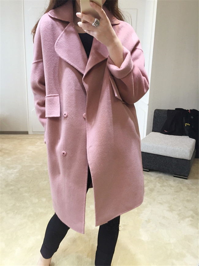 泪怡LY2015秋冬季女装新款毛呢大衣女 韩版中长款双面呢毛呢外套女羊毛呢子大衣女895 藕粉色 XL