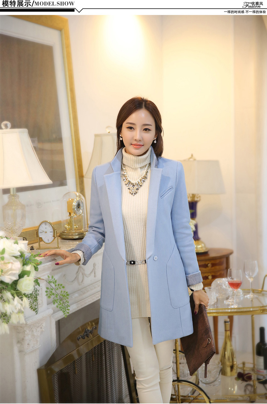 
                                        Hizze 毛呢外套女2017冬装新款女装通勤修身翻领天蓝色时尚中长款呢子大HYT5837 图片色 M                