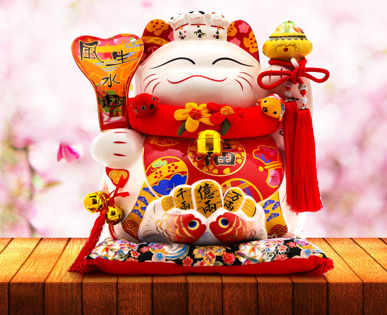 
                                        14寸发财猫陶瓷招财猫 开业礼品陶瓷存钱罐家用工艺品陶瓷创意储钱罐办公室饰品玄关装饰摆设 八方来财                