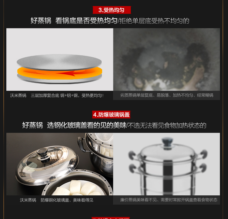 
                                        WOMI沃米 欧式节能不锈钢蒸锅26CM 四层加厚复底汤锅 电磁炉燃气通用 K506-26cm                