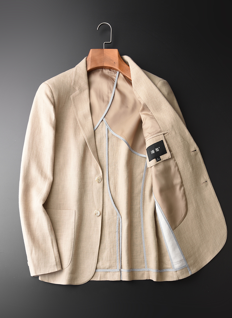 海獒秋季新款棉麻西服男修身舒适青年自然苎麻卡其色商务休闲西装外套